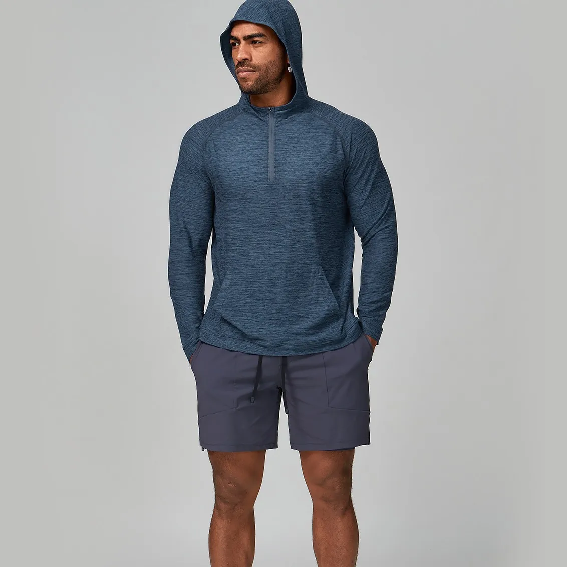 Men's Quick Dry Fitness Hooded Sport Jacket Half Zip Long Sleeve Running Training Hiking Heathered Top Activewear