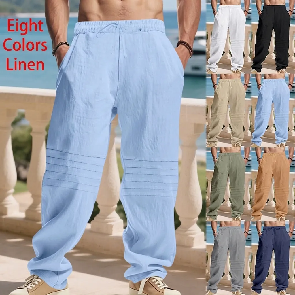 Men Loose Linen Blend Trousers American Casual Straight Wide Leg Pants With Drawstring Pleated Solid Color For Autumn Men Bottom