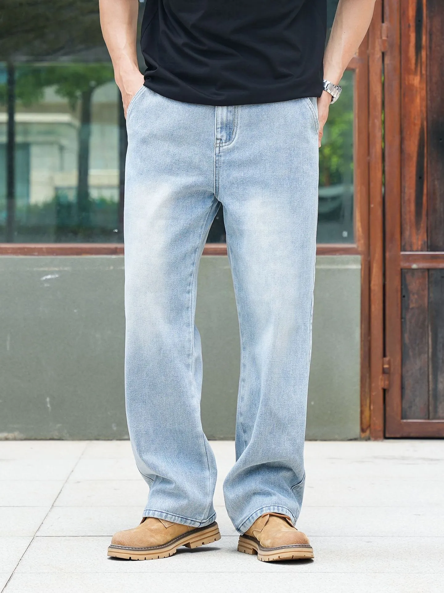 Men Straight Leg Jeans Light Blue Washed Distressed Plus Size Loose Denim Pants With Artificial Pearl Beading Streetwear