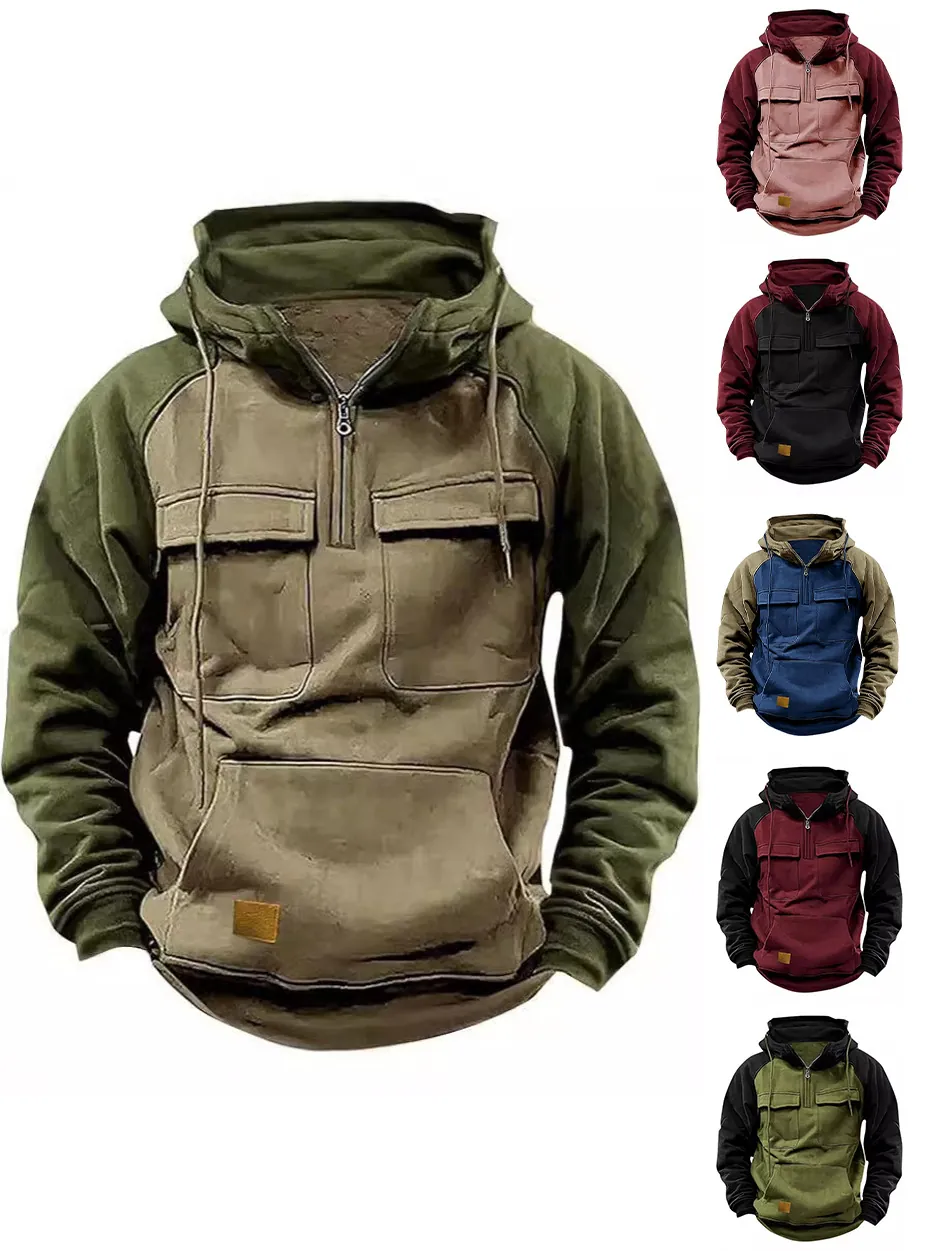 Herren Patchwork Kapuzenpullover Amerikanischer Stil Fleece Gefüttert Stehkragen Halb Reißverschluss Pullover Mit Mehreren Taschen Top