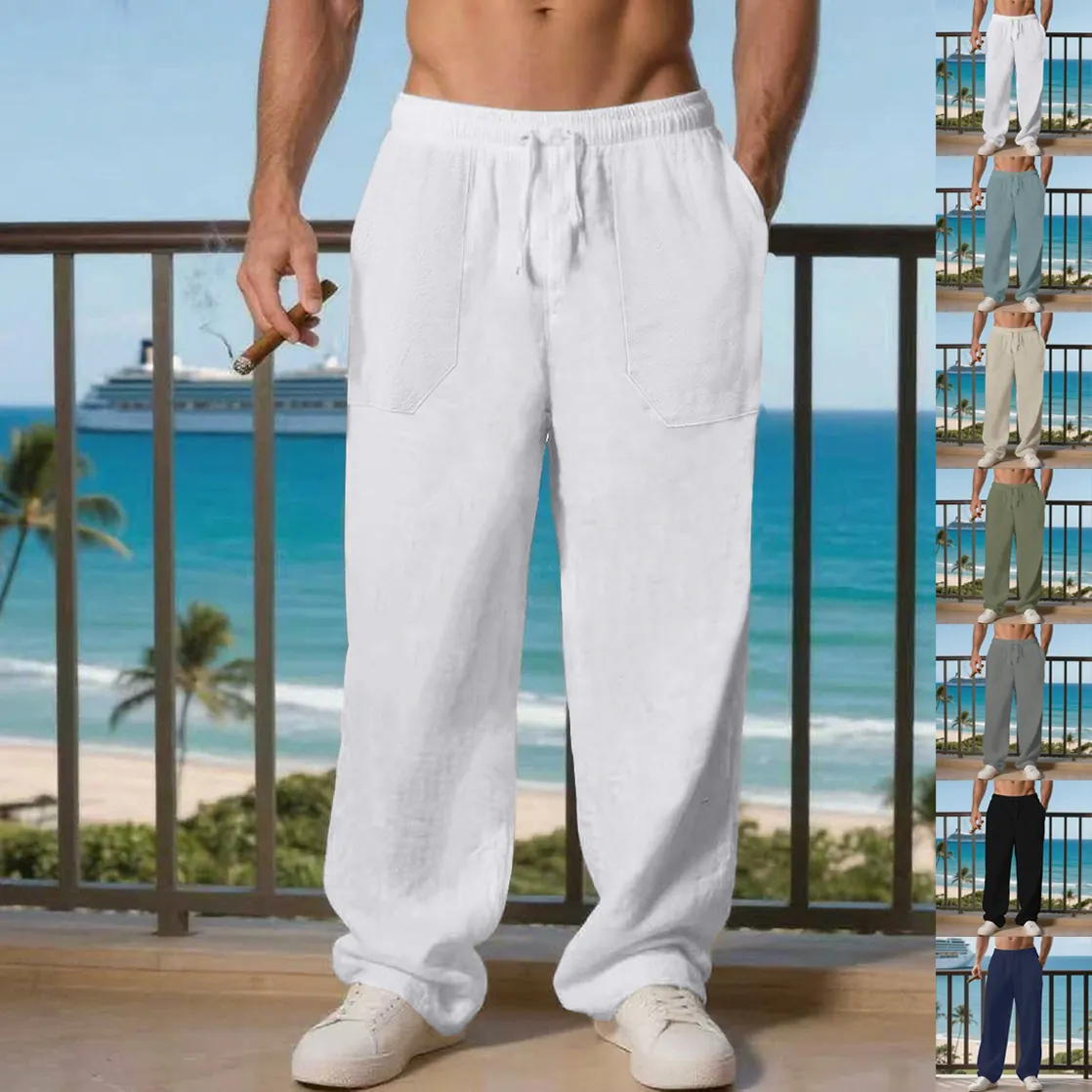 Pantaloni Casual da Uomo in Lino Coulisse Gamba Dritta Stile Hip Hop Tinta Unita Traspirante per Uomo