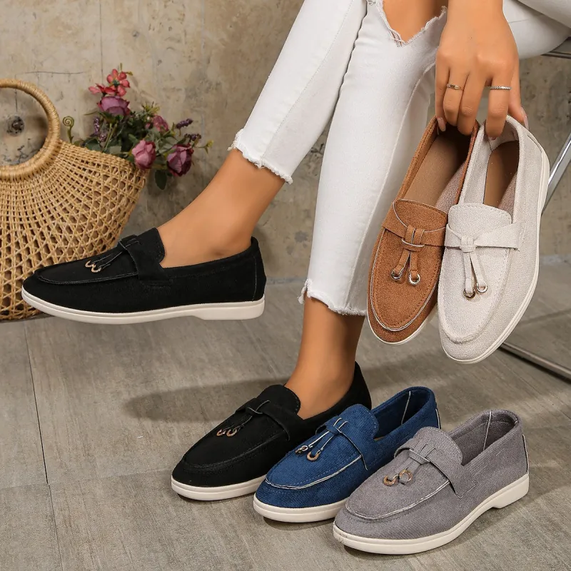 Women's Faux Suede Flat Shoes Round Toe Soft Sole Slip-on Loafers Metal Buckle Solid Color Casual Board Shoes European Style