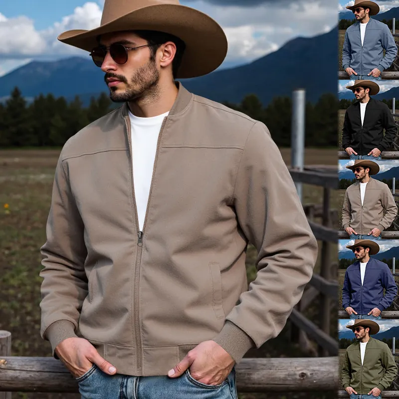 Veste en Faux Daim pour Hommes Style Cowboy Western Top Décontracté Col Montant Fermeture Éclair Outwear Couleur Unie Polyester Spandex