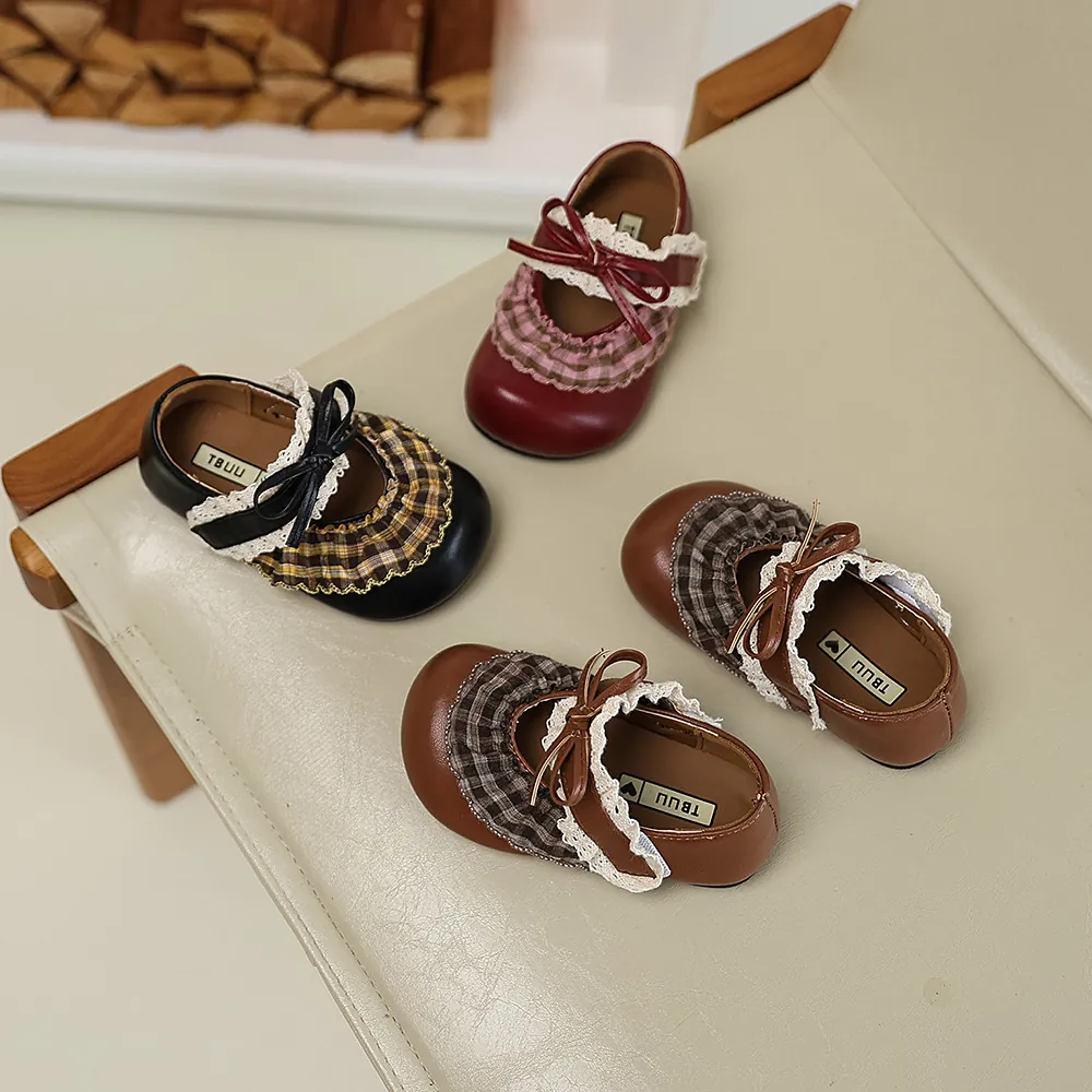 Mädchen Prinzessin Mary Jane Schuhe Runde Zehe Flache Schuhe Mit Schleife Spitze Karo Süßer Lolita-Stil Schulparty Halbschuhe