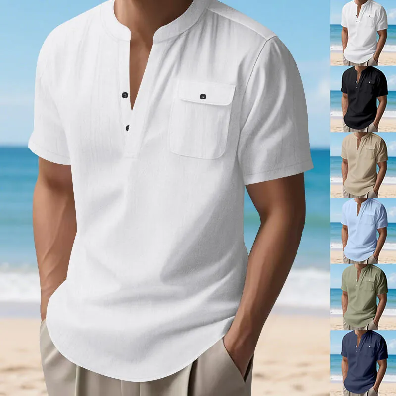 Camiseta Henley Informal de Lino para Hombre Manga Corta Cuello Mandarín Abotonada Top de Verano Playa con Bolsillo