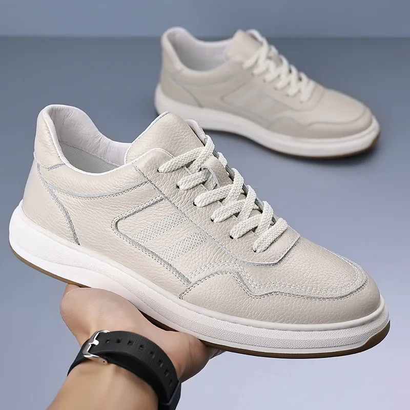 Zapatos Casuales de Hombre de Cuero de Vaca de Primera Capa Moda Zapatos de Board Blancos Transpirables Resistentes al Desgaste