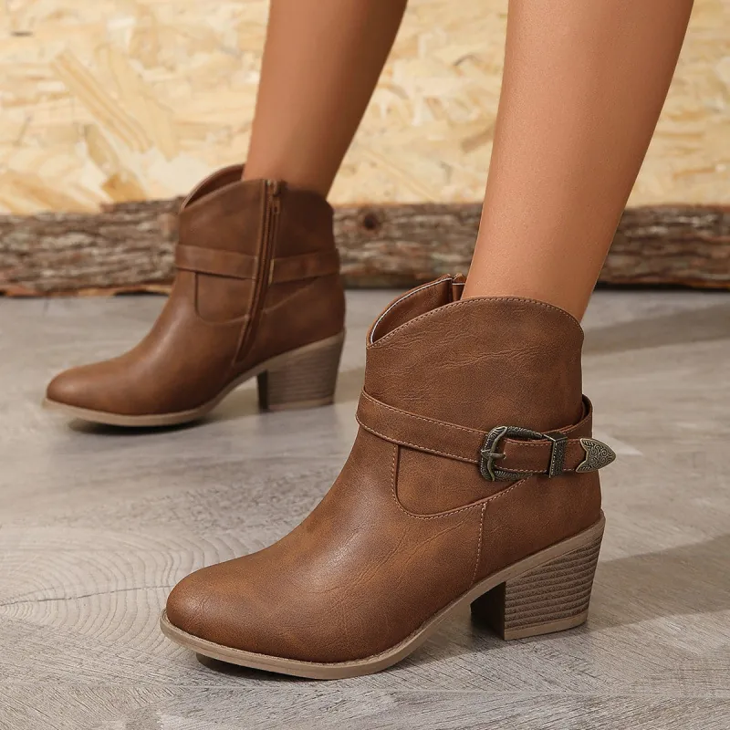 Western Cowboy Stiefeletten Für Damen Retro Gürtelschnalle Dekor Seitenreißverschluss Blockabsatz Kunstleder Fashion Kurzstiefel