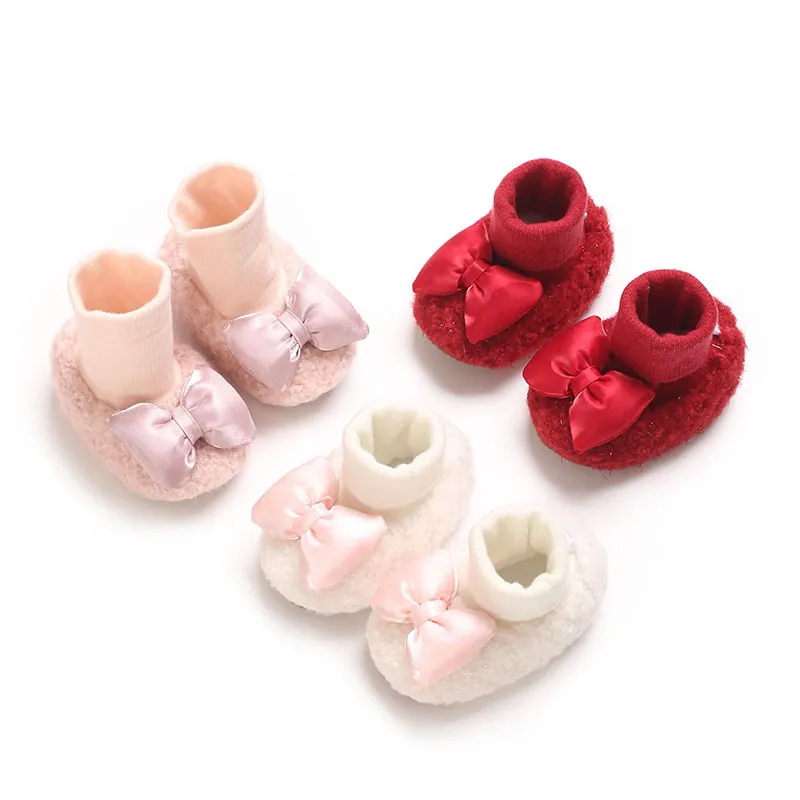 Infant Baby Girl Bow Walkers Fleece Lined Warm Thick Sock Shoes Soft Sole Non-Slip First Walkers Toddler Winter Shoes