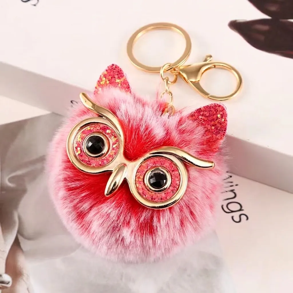 Cute Cartoon Owl Plush Faux Fur Ball Keychain Alloy Glitter Bag Charm Pendant Decorative Keyring Accessories For Women Girls Gift