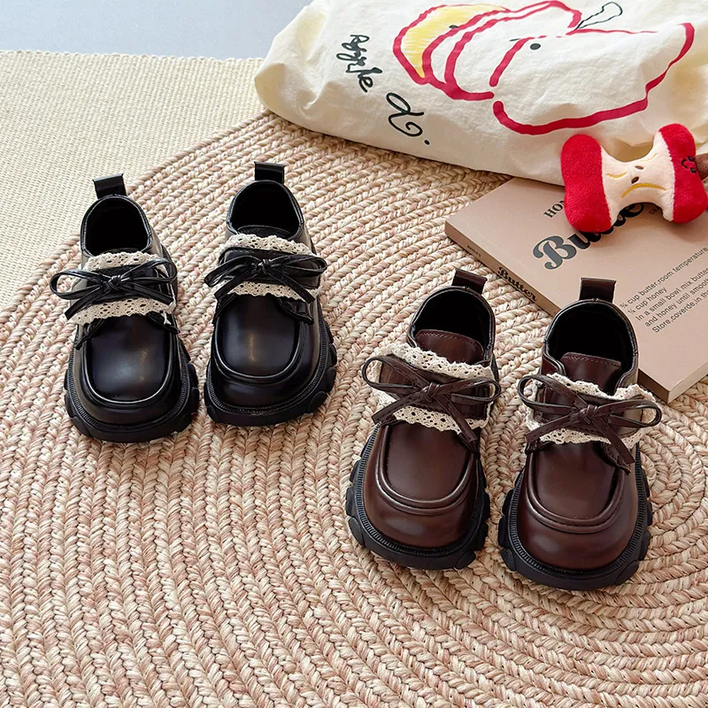 Mode Mädchen Britischer Stil Prinzessinnen-Schuhe Herbst Kinder Weiche Sohle Schleife Spitze Flache Abendschuhe Loafer
