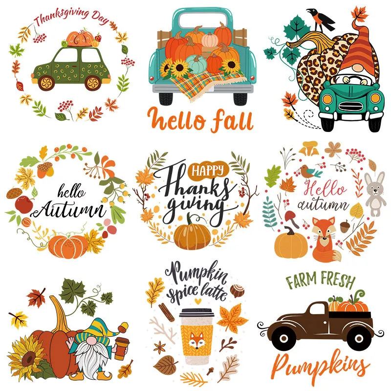 Thanksgiving Gnome Pumpkin Truck Heat Transfer Patch Autumn DIY Iron On Decal For Clothing T-Shirt Bag Decoration