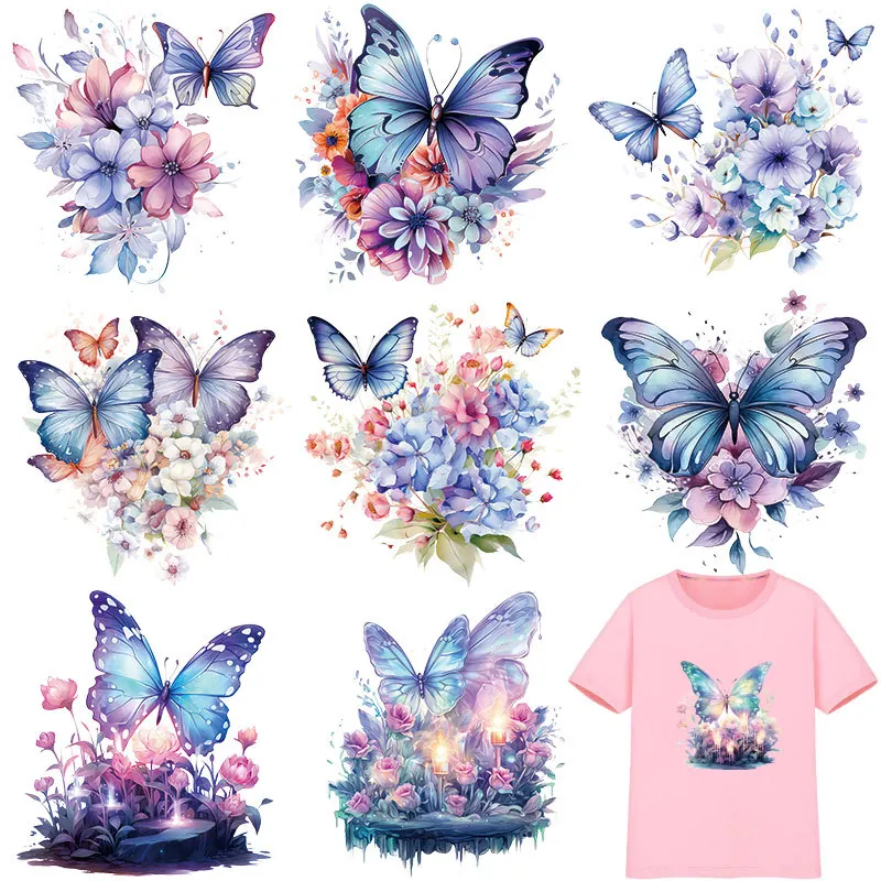 Watercolor Butterfly Floral Heat Transfer Patches For Clothing DIY Washable Artistic Offset Print Decoration Patches For T-Shirts Bags