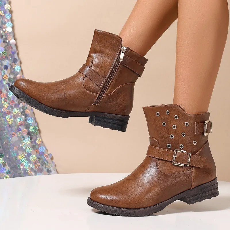Bottes Western Chelsea pour Femmes Rétro en Cuir PU à Talon Épais Bottines Boucle de Ceinture Bout Pointu Mode