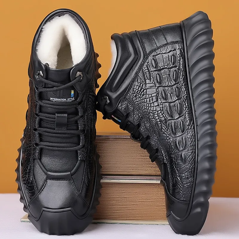 Men's Winter Warm High-top Cotton Leather Shoes Crocodile Pattern Top Layer Cowhide Natural Wool Lining Anti-slip Rubber Sole
