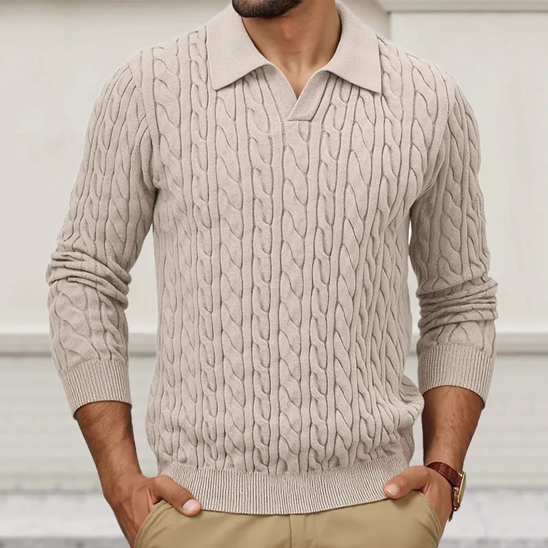 Men's Casual Cable Knit Sweater POLO Collar Long Sleeve Solid Color Pullover Autumn Winter Warm Knitwear Top