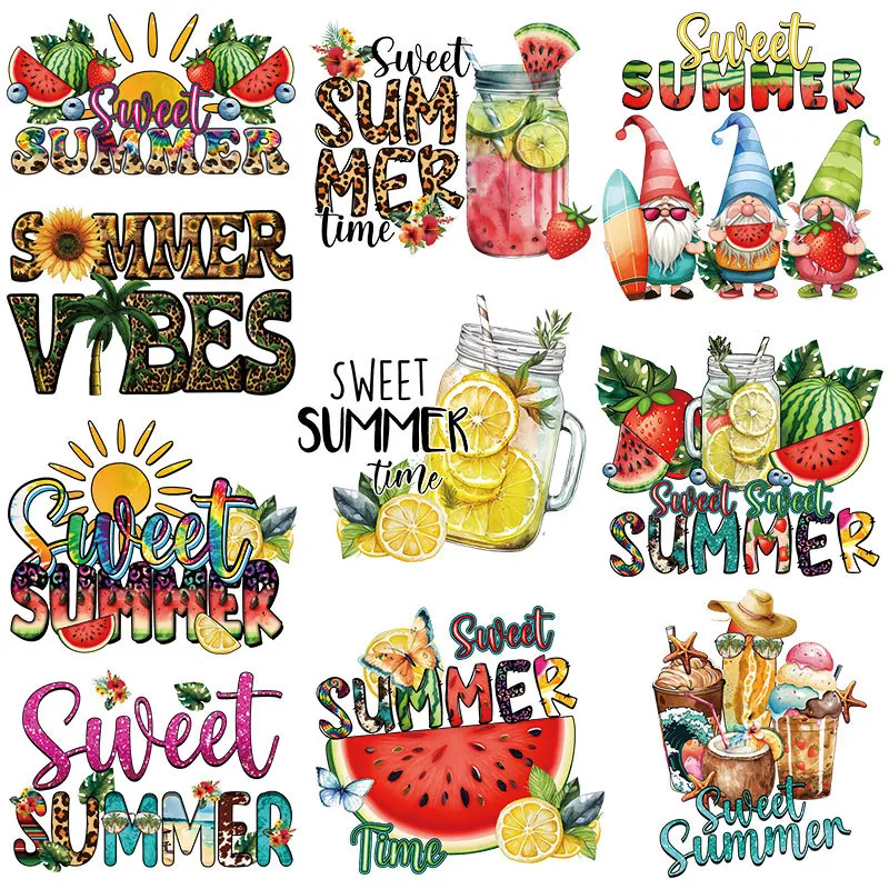 Écussons de Transfert Thermique Summer Sweet pour T-shirts Sacs DIY Fruits Gnomes Décalcomanies à Repasser Lavables Appliques d'Impression Offset pour Décoration de Vêtements