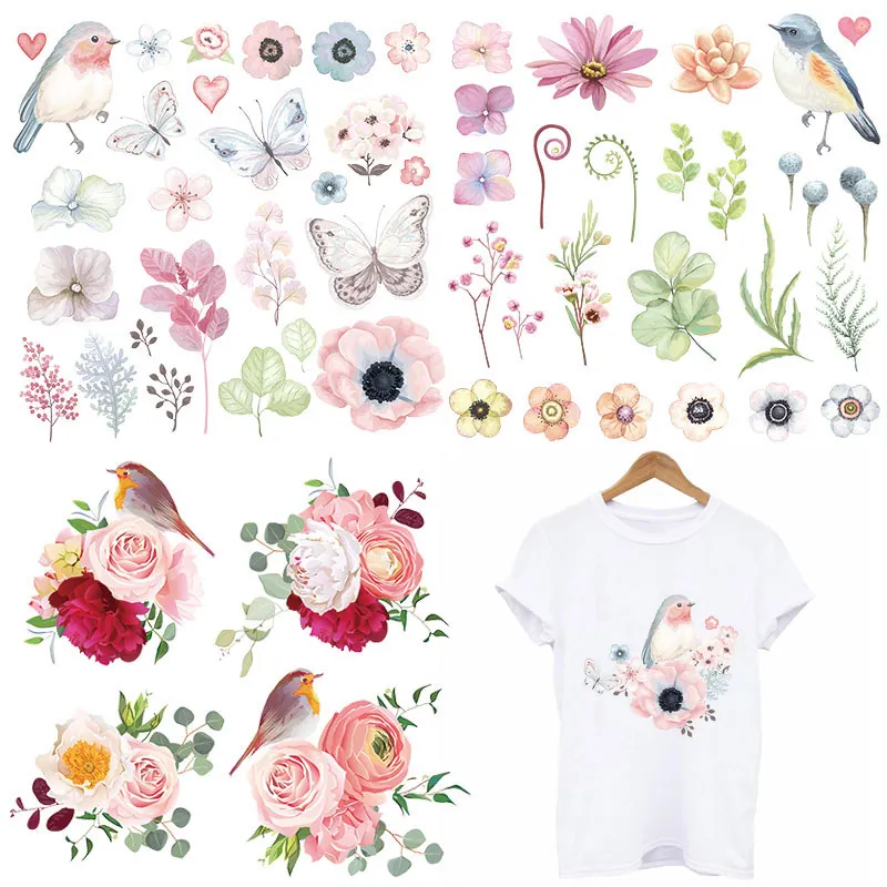 Watercolor Flower Bird Heat Transfer Patch DIY Washable Iron On Sticker For Clothing T-Shirt Bag Applique Art Decor Heat Press Offset Print