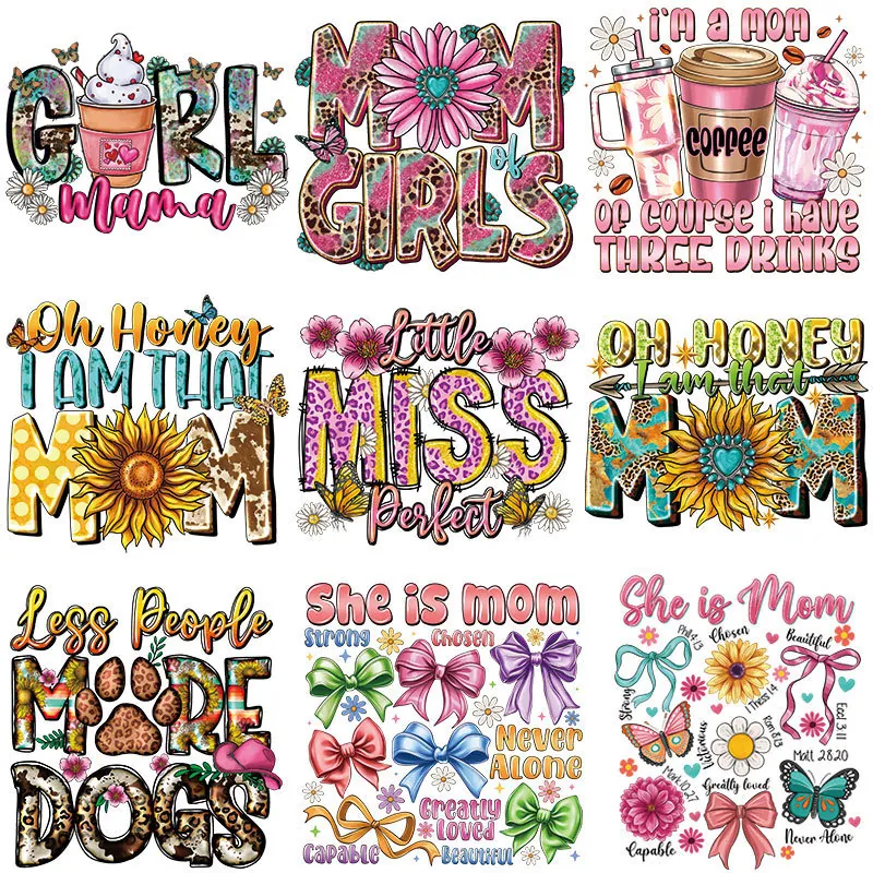 Mother's Day Heat Transfer Patches Washable Iron On Stickers For T-Shirts Leopard Mama Floral Lettering Heart Pattern DTF Transfers