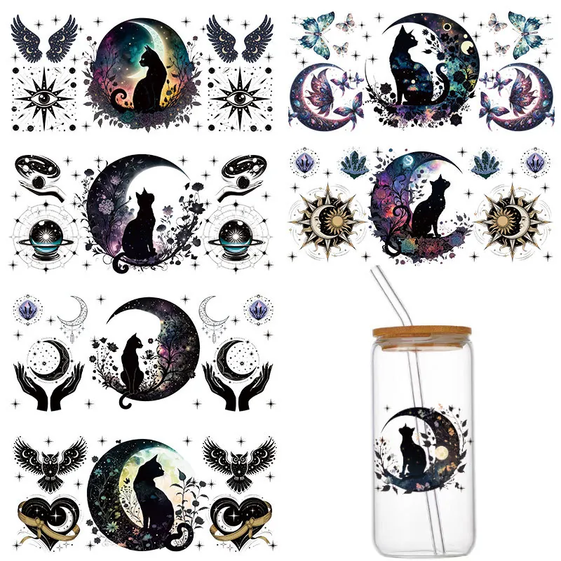 Mystic Black Cat Spirit Moon UV Transfer Sticker For 16oz Libbey Glass Can Waterproof DIY Decal Rub On Transfer For Crafting Decor