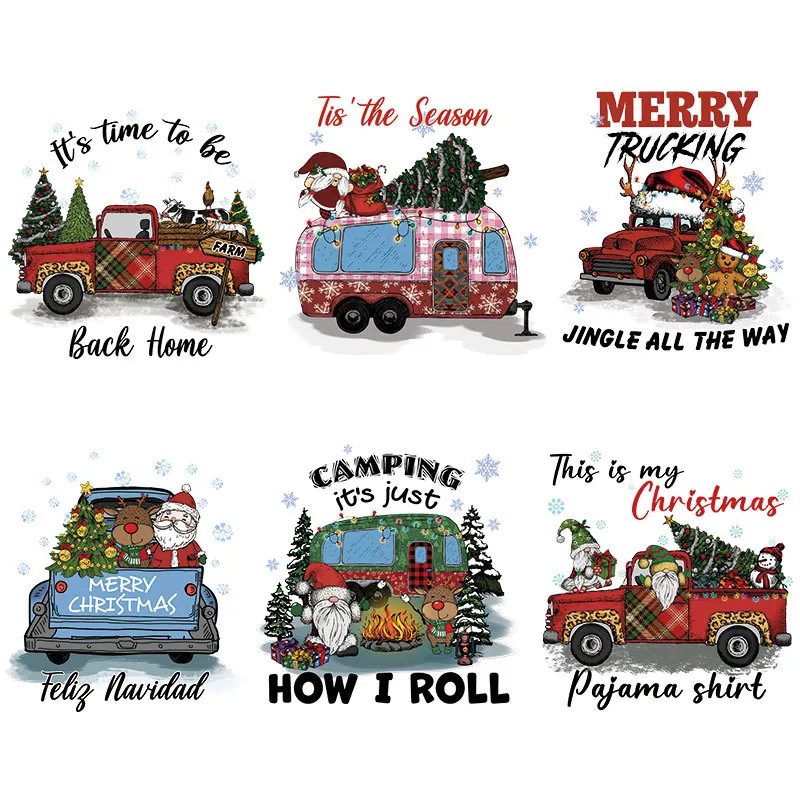 Merry Christmas Heat Transfer Patches For Clothing Washable Sticker Festive Santa Truck Tree Apparel DIY Iron On Decals