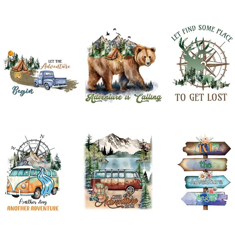 Camping Adventure Iron On Patches For Clothing DIY Heat Transfer Stickers Retro Bus Bear Compass Pattern Washable Decals For T-Shirts Bags