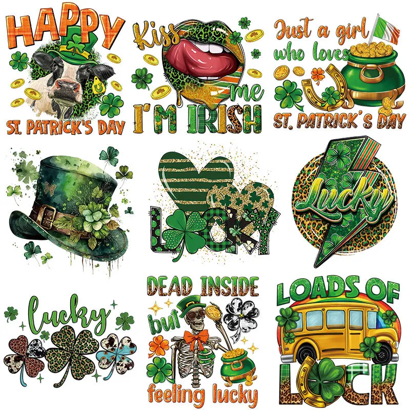 St. Patrick's Day Heat Transfer Patches Lucky Shamrock Leopard Print Iron On Decals For T-Shirt Clothing DIY Irish Festive Decoration