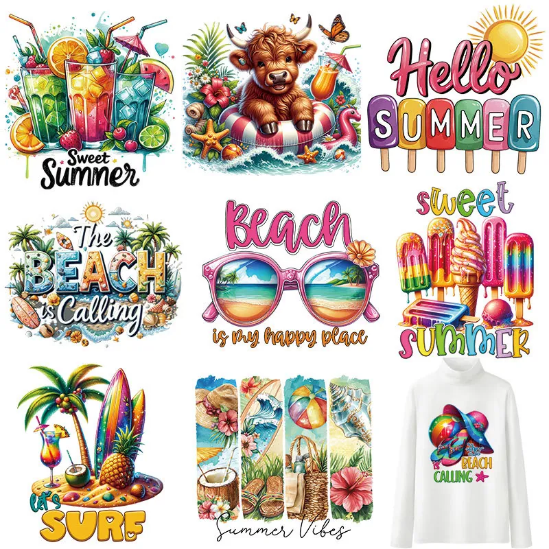 Sommer Eiscreme Bügelbild DIY Kleidung Waschbar DTF Transfer Strandurlaub Thema Offset Druck Aufbügeln Applikation