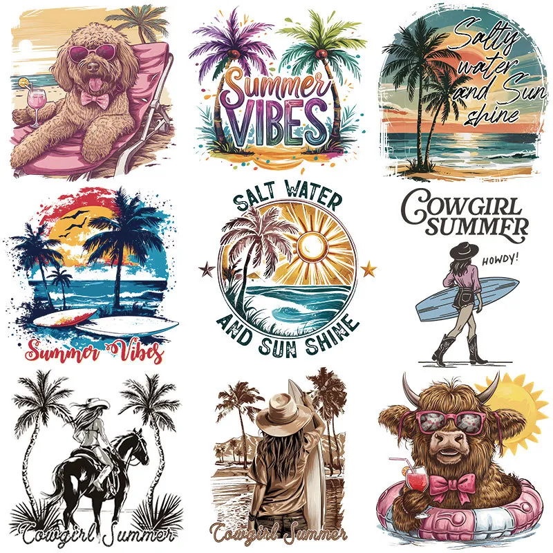 Summer Seaside Heat Transfer Patches For Clothes Highland Cow Cowgirl Palm Tree Sunset Washable Iron On Stickers For DIY T-Shirt Decor
