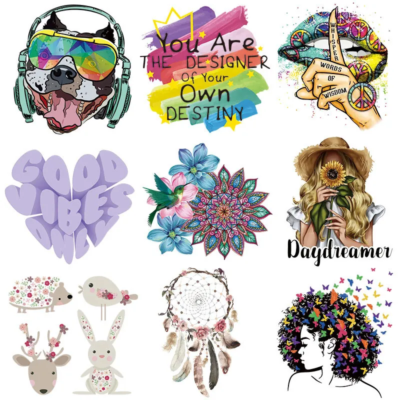 Cute Cartoon Heat Transfer Patches Washable Offset Printing DIY Iron On Decals For T-Shirts Bags Clothing Artistic Colorful Patterns