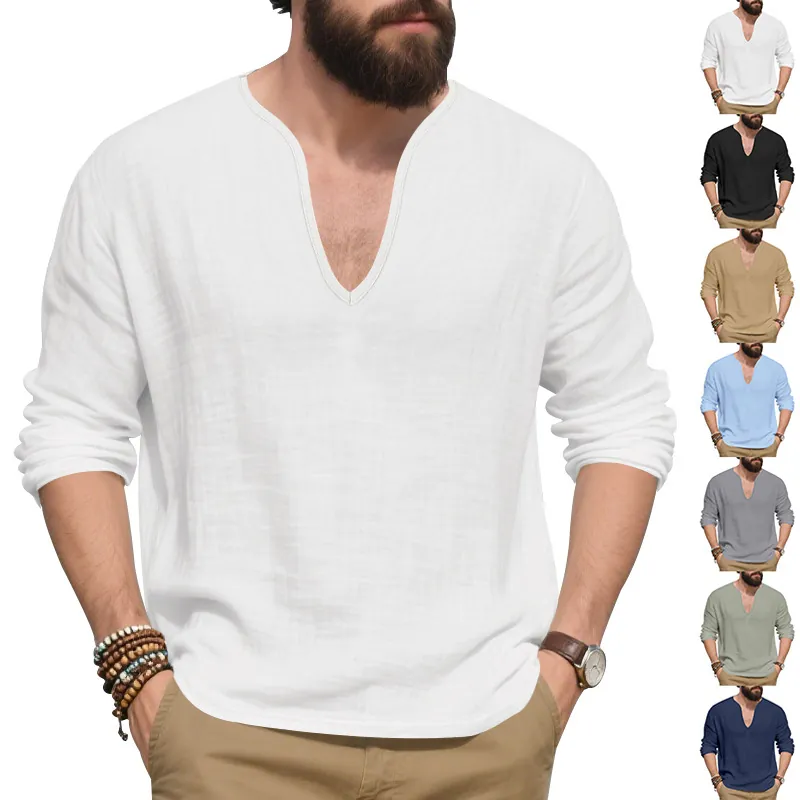 Ανδρικό Λινό T-Shirt Μακρύ Μανίκι Λαιμόκοψη V Χαλαρό Casual Μεγάλο Μέγεθος Πουλόβερ Τοπ Άνετο Αναπνεύσιμο Φθινοπωρινή Μόδα Ανδρικά Ρούχα