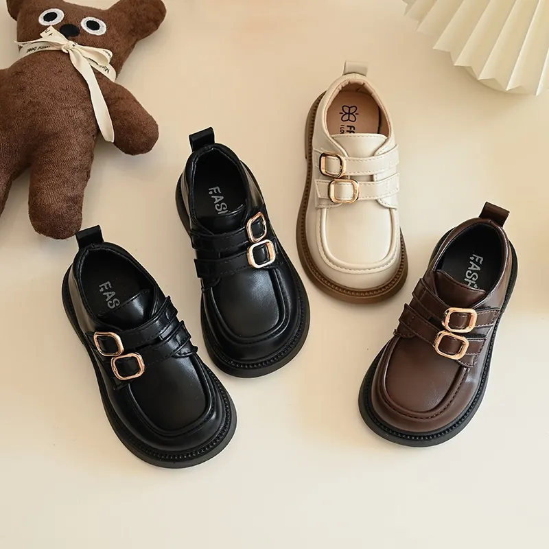 Girls British Style Loafers Princess Shoes Synthetic Leather Double Buckle Non-slip School Flat Shoes For Kids Spring Autumn