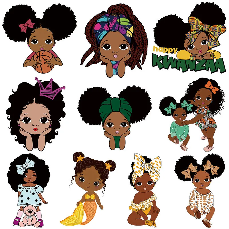 Afro Girl Heat Transfer Patches For DIY Clothing Cartoon Iron On Stickers Heat Transfer Graphics For Kids Women T-Shirt
