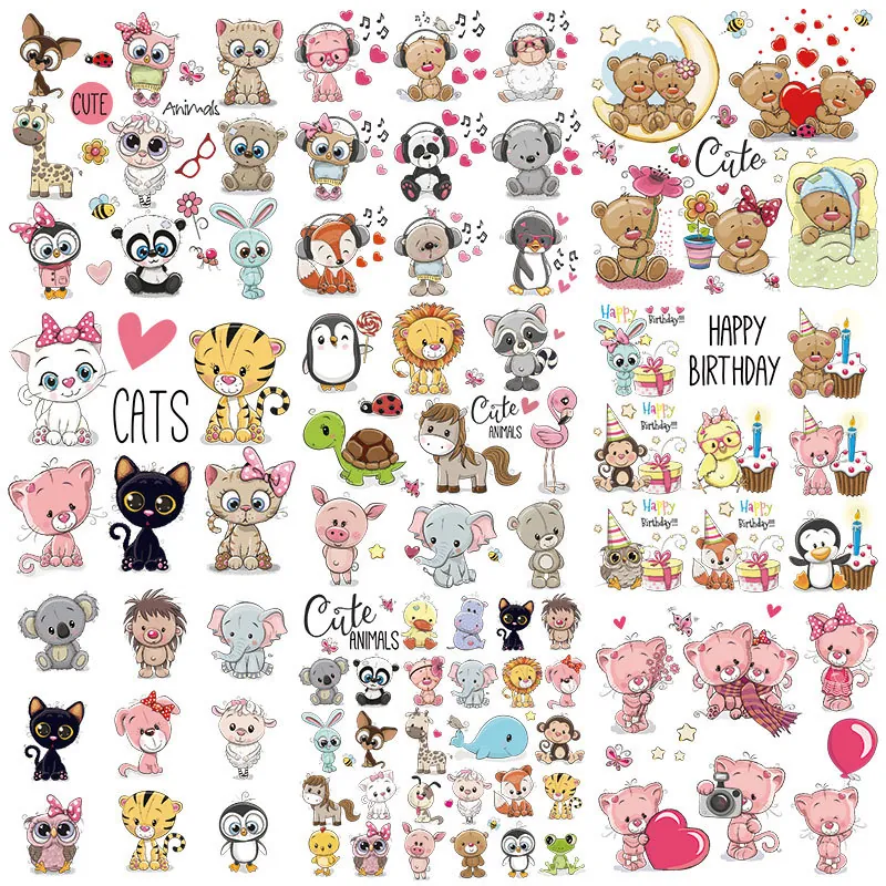Cartoon Animal Flower Heat Transfer Stickers Iron On Patches For Kids Clothing T-Shirt DIY Washable Applique Decor