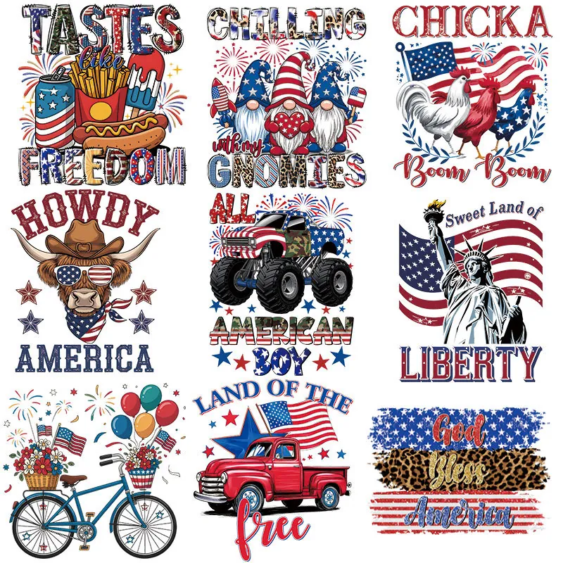 Independence Day Heat Transfer Patches For Clothing USA Flag Statue Of Liberty DTF Iron On Decals For DIY T-Shirts Bags