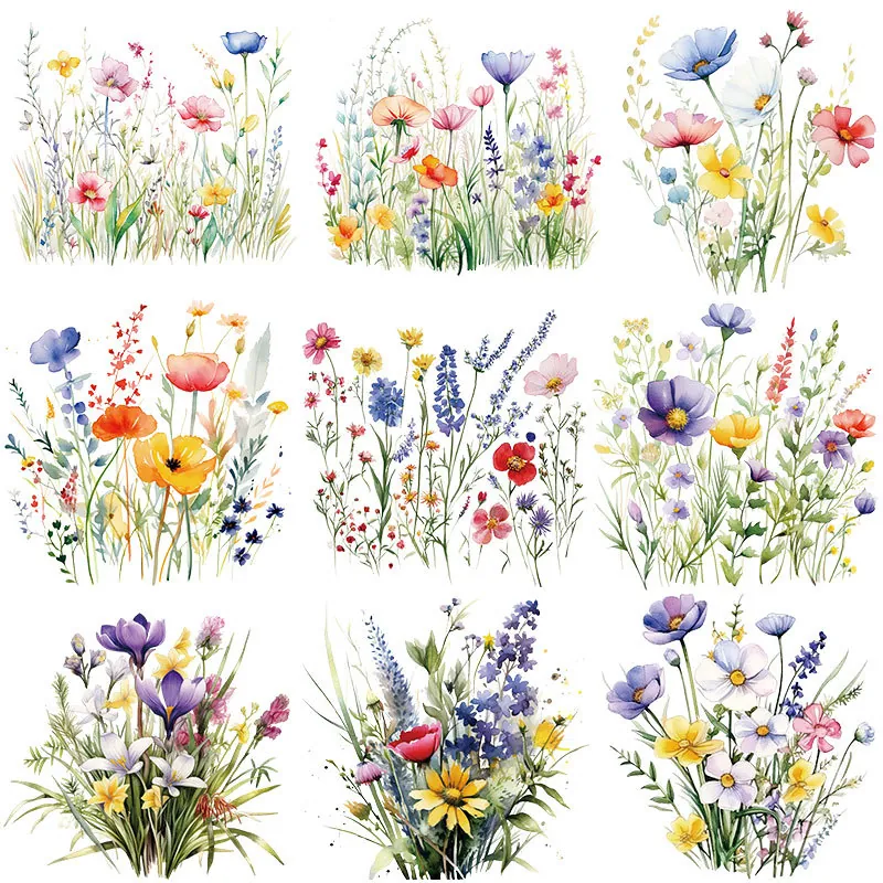 Watercolor Wildflower Heat Transfer Patches Artistic Floral Iron On Stickers For T-Shirts Bags Clothing DIY Decoration