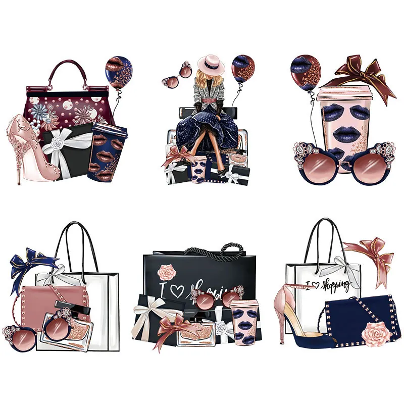 Fashion High Heels Bag Heat Transfer Patch Iron On Appliques For Clothing Washable Offset Printing DIY T-Shirt Decor Decal