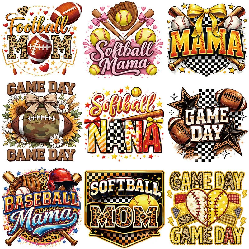 American Sports Baseball Mama Heat Transfer Decals For Clothing Washable DTF Iron On Patches Football Game Day Printed DIY Applique For T-Shirt Bags