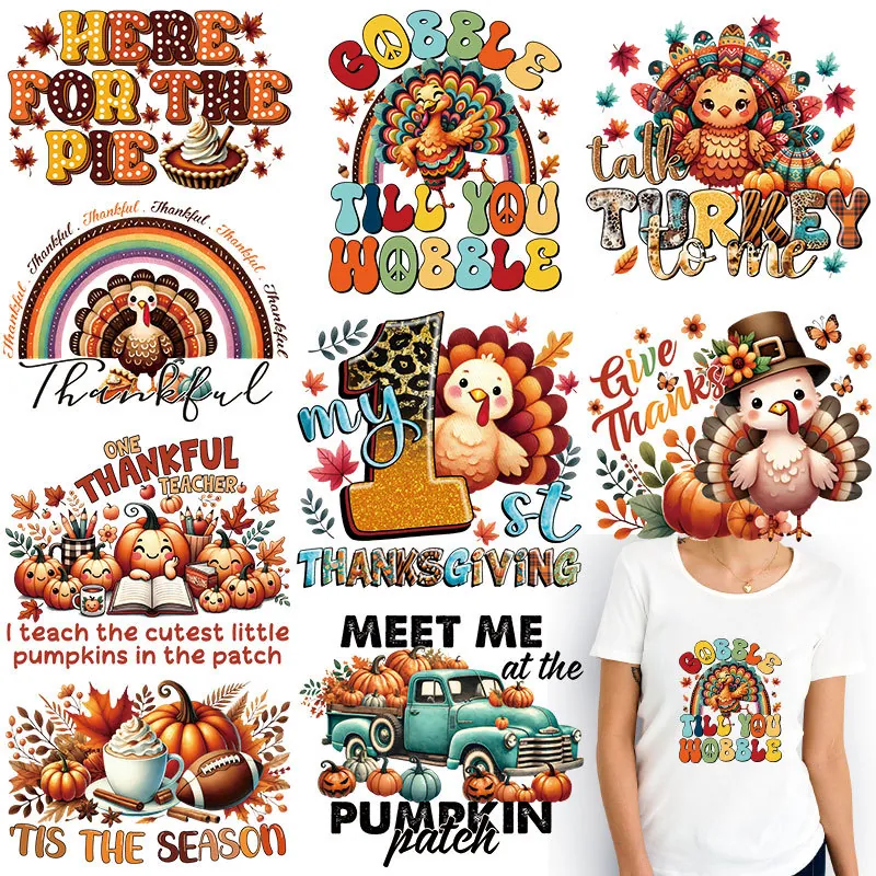 Thanksgiving Turkey Pumpkin Heat Transfer Patches Autumn Fall Iron On Stickers For Clothing DIY PET Film Offset Printing Label