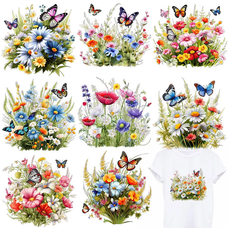 Parches de Transferencia de Calor Acuarela Mariposa Floral DTF Tinta Blanca Pegatinas Para Ropa Bolsas Decoración DIY