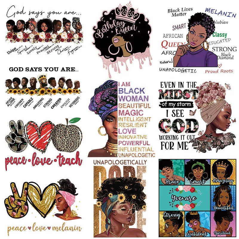 African American Woman Heat Transfer Patches For Clothing DIY Iron On Patch Religious Inspirational Quotes Floral Butterfly Afro Queen DTF Sticker