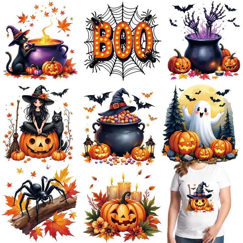 Halloween Heat Transfer Patches Cartoon Pumpkin Ghost Skull Cat Iron On Patches For T-Shirt Bag DIY Washable PET Film Applique