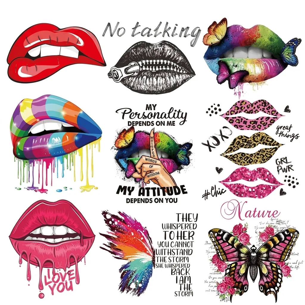 Lip Butterfly Heat Transfer Stickers For Clothing Washable Iron On Patches For T-Shirts Bags Apparel DIY Printed Decor