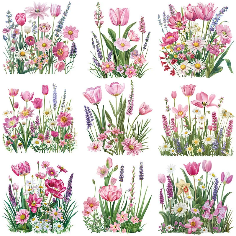 Pink Floral Heat Transfer Patches For Clothes Iron On Stickers Tulip Daisy DTF Transfers For T-Shirts Washable DIY Apparel Decor