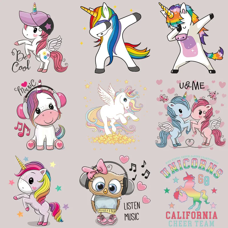 Cartoon Unicorn Owl Heat Transfer Patches Colorful Iron On Appliques For T-Shirt Clothing DIY Decoration Washable Stickers