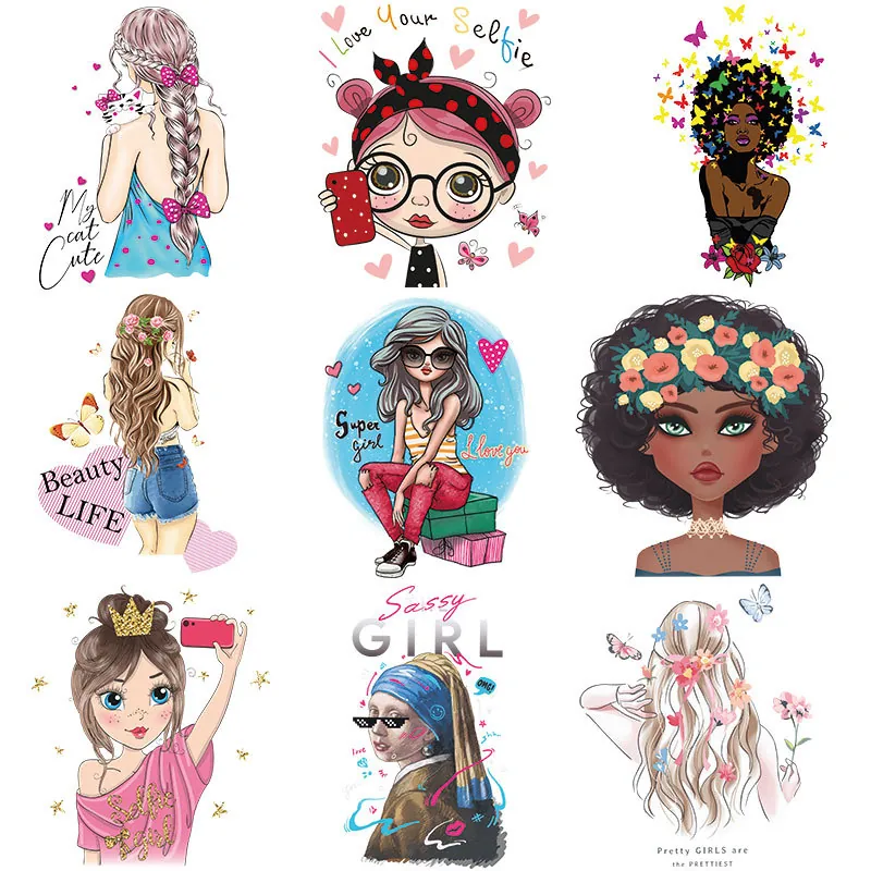 Écussons de Transfert Thermique Fille de Dessin Animé pour Vêtements Lavables DTF Autocollants à Repasser pour Sacs T-Shirt DIY Décoration Appliquée
