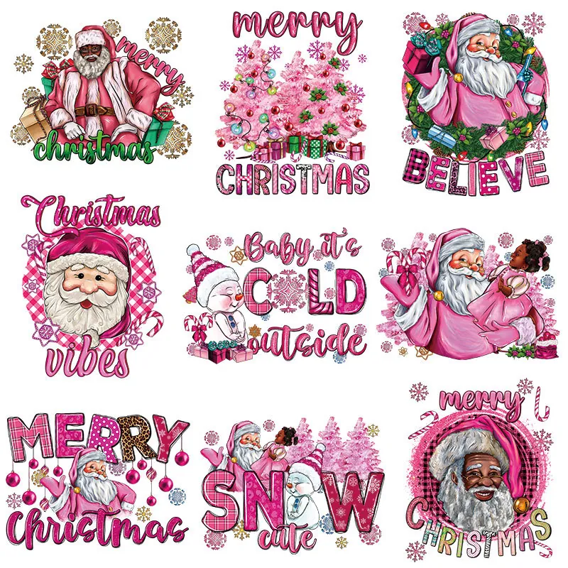 Pink Christmas Santa Claus Heat Transfer Patches For T-Shirt Pink Christmas Tree Snowman Iron On Patches For Clothing DIY Washable Applique