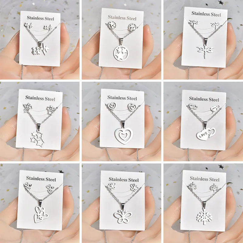 Stainless Steel Silver Jewelry Set Women Heart Butterfly Tree Of Life Pendant Necklace Stud Earrings Set Minimalist Fashion Accessories Gift