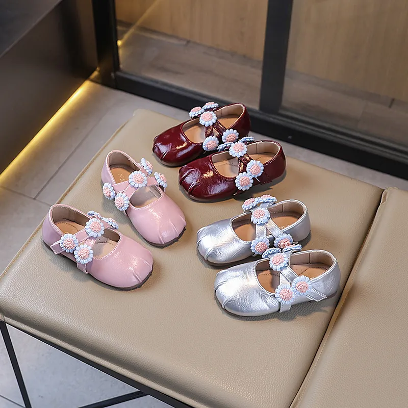 Girls Mary Jane Princess Shoes Flower Decor PU Leather Soft Sole Breathable Flats For Wedding School Student Casual Dress Footwear