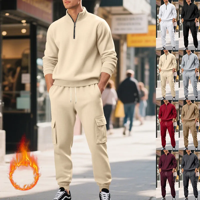 Conjunto de Chándal para Hombre American Vintage Forrado de Felpa Sudadera Con Cremallera 1/4 y Pantalones Cargo Jogger Invierno Cálido