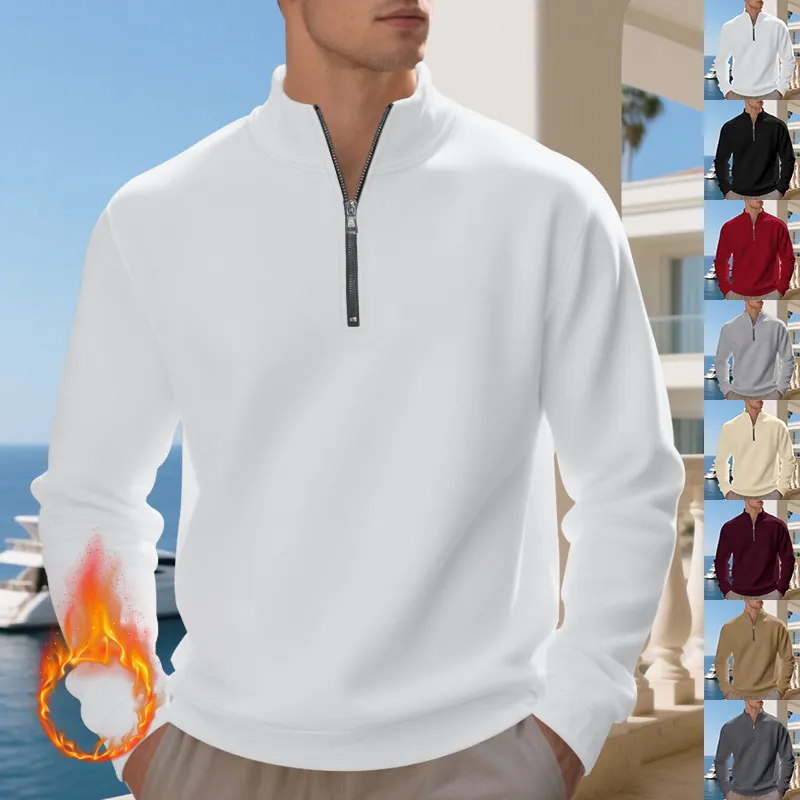 Men's Plus Size Solid Quarter Zip Stand Collar Fleece Sweatshirt Casual Loose Long Sleeve Pullover Autumn Winter Warm Top